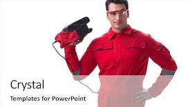  Presentation with young students working in groups - Audience pleasing presentation theme consisting of abrasivity - young worker with belt sander backdrop and a white colored foreground