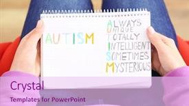  Presentation with autism - Presentation theme having abreviations - woman holding notebook with abbreviation background and a pink colored foreground