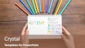 Presentation with autism - Colorful PPT theme enhanced with abreviations - woman holding notebook with abbreviation backdrop and a tawny brown colored foreground