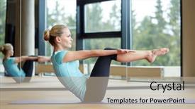  Presentation with woman sport - Amazing PPT layouts having concept - smiling woman doing abdominal backdrop and a mint green colored foreground
