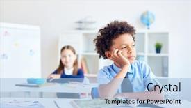  Presentation with literature - Presentation design featuring absent - african boy daydreaming at lesson background and a light blue colored foreground