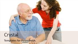  Presentation with grandfather - PPT theme having absenteeism - grandfather and teen granddaughter enjoy background and a coral colored foreground