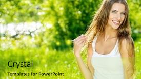  Presentation with young business woman smile show - Presentation featuring absolut - beautiful smiling young woman sitting background and a yellow colored foreground