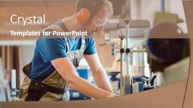  Presentation with milling machine - PPT layouts enhanced with absorbed carpenter with ear protection and safety goggles at the milling machine working on wood background and a coral colored foreground
