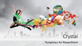  Presentation with green - Colorful presentation theme enhanced with abstract adolescence - young woman dancer in green backdrop and a  colored foreground