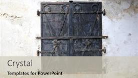  Presentation with closed - Beautiful slide deck featuring abstract-ancien-closed-window backdrop and a soft green colored foreground