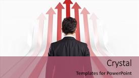  Presentation with business intelligence white robotic arm - Presentation consisting of abstract arrows red - businessman looking at arrow background and a violet colored foreground