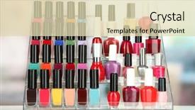  Presentation with nail salon - Presentation theme enhanced with abstract colorfull - bright nail polishes on shelf background and a soft green colored foreground