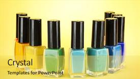  Presentation with team group yellow - Colorful PPT layouts enhanced with abstract colorfull - group of bright nail polishes backdrop and a  colored foreground