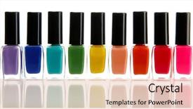  Presentation with bright white - Colorful presentation enhanced with abstract colorfull - group of bright nail polishes backdrop and a  colored foreground