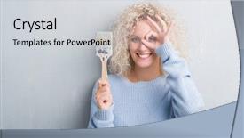  Presentation with curly hair - Beautiful presentation design featuring abstract greay clor - young blonde woman with curly backdrop and a light gray colored foreground