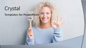 Presentation with hair brush - Beautiful presentation theme featuring abstract greay clor - young blonde woman with curly backdrop and a light gray colored foreground