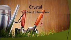  Presentation with garden tools - Beautiful PPT theme featuring abstract growth - fresh grass on wooden wall backdrop and a  colored foreground