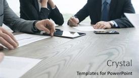  Presentation with phone meeting - PPT theme having abstract-image-of-business-people background and a light gray colored foreground
