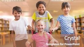  Presentation with digital library - Audience pleasing presentation theme consisting of digital composite of disabled girl in wheelchair with friends in school library backdrop and a coral colored foreground