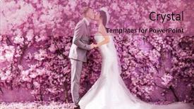  Presentation with pink wedding - Beautiful slides featuring side view of wedding couple kissing white standing against wall covered with pink flowers backdrop and a coral colored foreground