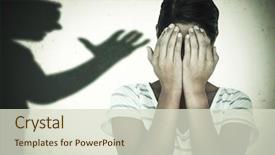  Presentation with man woman - Colorful slide set enhanced with abused women - close-up of upset woman covering backdrop and a soft green colored foreground