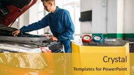  Presentation with car air conditioning - Cool new theme with ac motor - mechanic checks air conditioning system backdrop and a yellow colored foreground