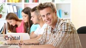  Presentation with group of students raising hands - Beautiful PPT theme featuring academic adult - group of young students sitting backdrop and a coral colored foreground