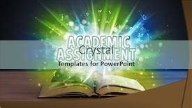  Presentation with academic - Colorful slide deck enhanced with academic assignment inscription coming out from an open book educational concept backdrop and a soft green colored foreground