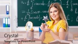  Presentation with chalkboard - Presentation design with young female student in front background and a  colored foreground