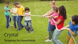  Presentation with school elementary - PPT theme having academic competition - cute pupils playing tug background and a gold colored foreground