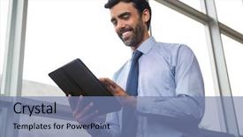  Presentation with conference table microphones - Colorful PPT layouts enhanced with academic frame - businessman using digital tablet backdrop and a  colored foreground