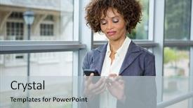  Presentation with conference phone calls - Slide deck featuring academic frame - businesswoman using mobile phone background and a  colored foreground