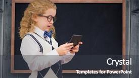  Presentation with wood panel - Presentation theme featuring academic frame - girl with calculator against chalkboard background and a dark gray colored foreground