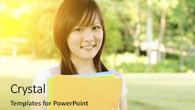  Presentation with file folder - Slides with academic freedom - young asian college student standing background and a blonde colored foreground