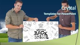  Presentation with academic - Amazing theme having academic poster - attractive men holding blank card backdrop and a  colored foreground