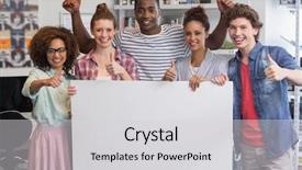  Presentation with smiling kids at summer camp - Slide deck consisting of academic poster - fashion students smiling at camera background and a  colored foreground