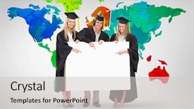  Presentation with academic - Audience pleasing presentation theme consisting of academic poster - three students in graduate robe backdrop and a light gray colored foreground