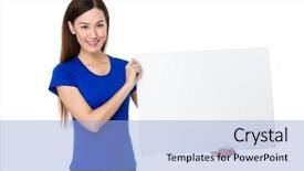  Presentation with young business woman smile show - Amazing slide deck having academic poster - young woman show with white backdrop and a light blue colored foreground