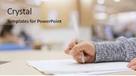  Presentation with academic writing - Slides consisting of academic report - student doing her homework writing background and a soft green colored foreground