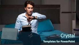  Presentation with home modification - Slides having academic report - tired businessman working overtime background and a ocean colored foreground