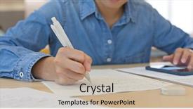  Presentation with academic - PPT theme featuring academic report - woman work on the essay background and a mint green colored foreground