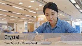  Presentation with academic - Cool new slide set with academic report - woman work on the essay backdrop and a coral colored foreground