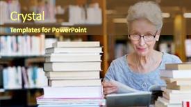  Presentation with researching from books or library - Colorful slide set enhanced with academic research - elderly lady reading books backdrop and a  colored foreground