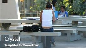  Presentation with library - Audience pleasing theme consisting of academic research - female student outside library studying backdrop and a  colored foreground