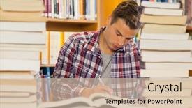  Presentation with piles - Beautiful slides featuring academic research - focused handsome student studying backdrop and a  colored foreground