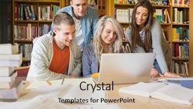  Presentation with academic research - Audience pleasing slide deck consisting of academic research - group of four happy students backdrop and a soft green colored foreground