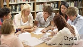  Presentation with public works students - Slide deck consisting of academic research - students working together in library background and a coral colored foreground