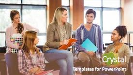  Presentation with teacher and students - Amazing theme having academic speaking - happy students talking with their backdrop and a coral colored foreground