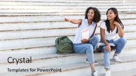  Presentation with students - Amazing slide set having academic speaking - two smiling young girls students backdrop and a light gray colored foreground