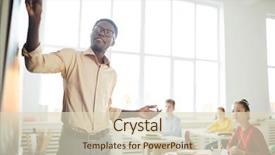 Presentation with new teacher - Presentation theme consisting of academic subjects - confident african-american teacher pointing background and a  colored foreground