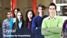  Presentation with university building - Colorful slide deck enhanced with academic success - happy students people group portrait backdrop and a  colored foreground