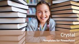  Presentation with camera - Slide set having academic success - portrait of happy schoolgirl looking background and a  colored foreground