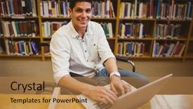  Presentation with library - Presentation design having academic support - student in wheelchair typing background and a coral colored foreground