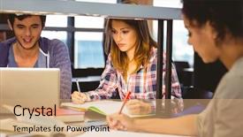  Presentation with working together - Theme featuring academic writing - serious young classmates working together background and a coral colored foreground